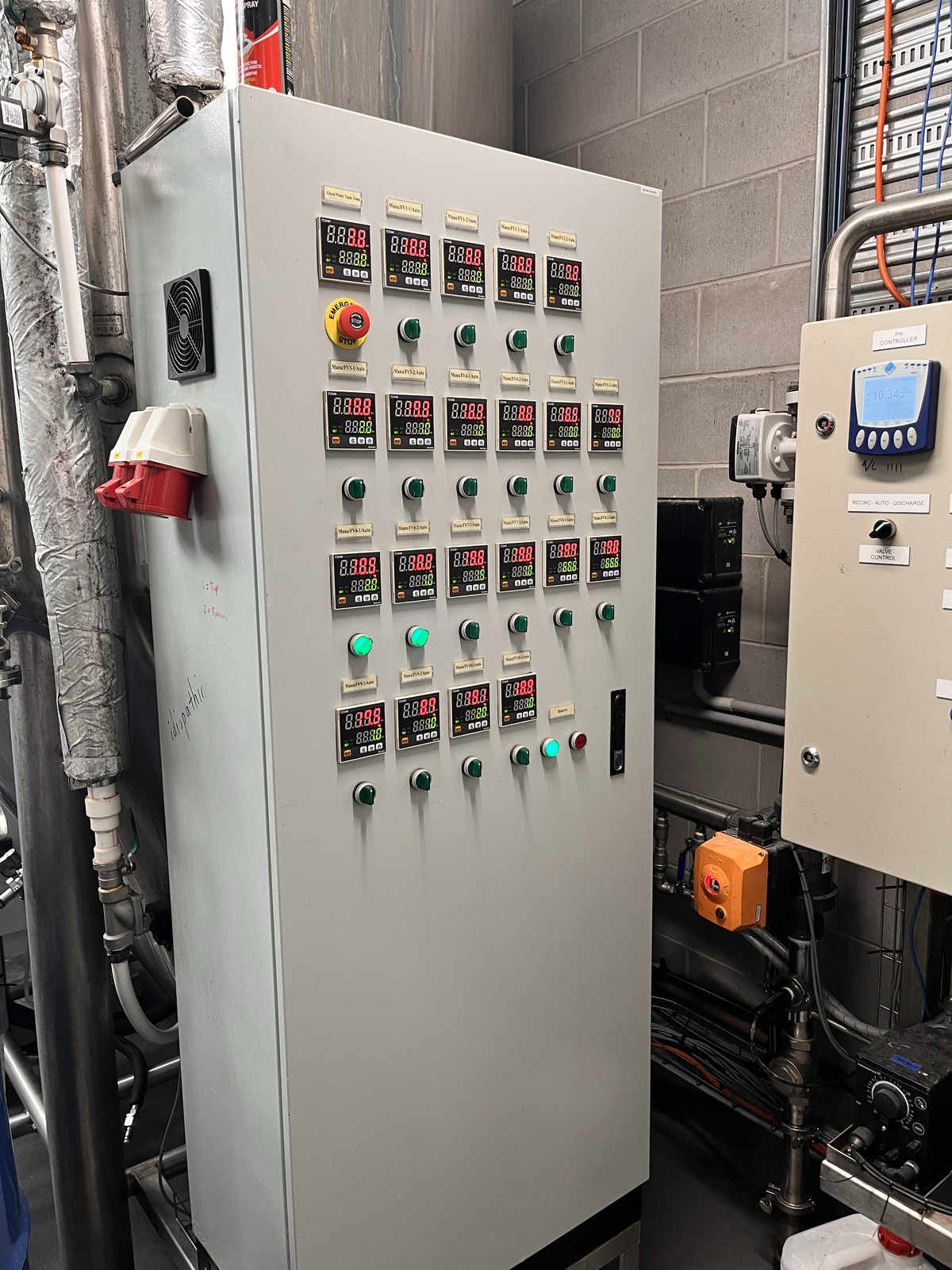 Brewery plant control cabinet with tank temperature controllers, maintained by Venture Energy